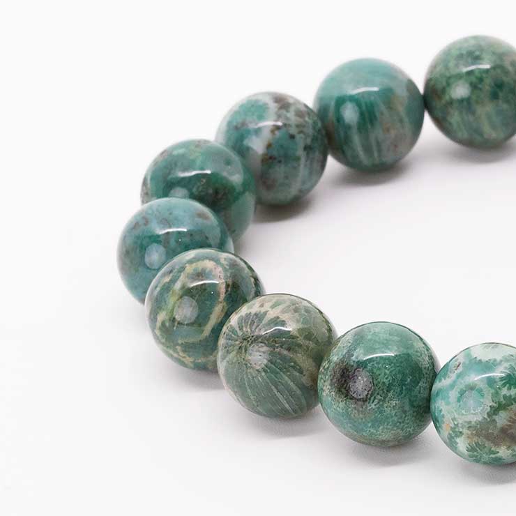 【一点もの】フォシルコーラル(グリーン)12mm シンプルブレスレット【鑑別書付き】