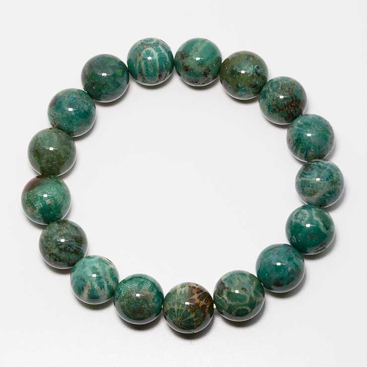 【一点もの】フォシルコーラル(グリーン)12mm シンプルブレスレット【鑑別書付き】