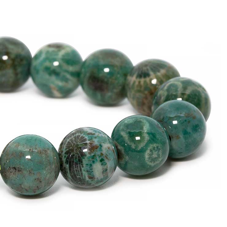 【一点もの】フォシルコーラル（グリーン）12mm シンプルブレスレット【鑑別書付き】