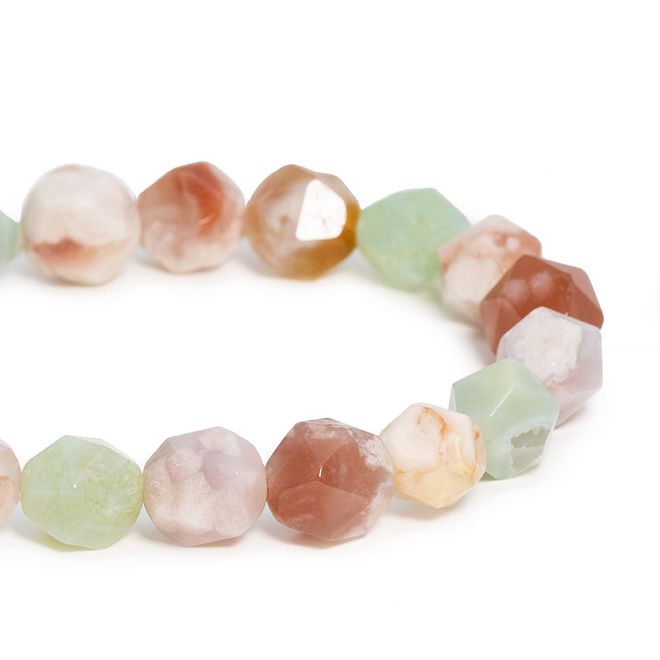 【一点もの】桜瑪瑙シンプルブレスレット 20面カット 緑ミックス 約8.5mm