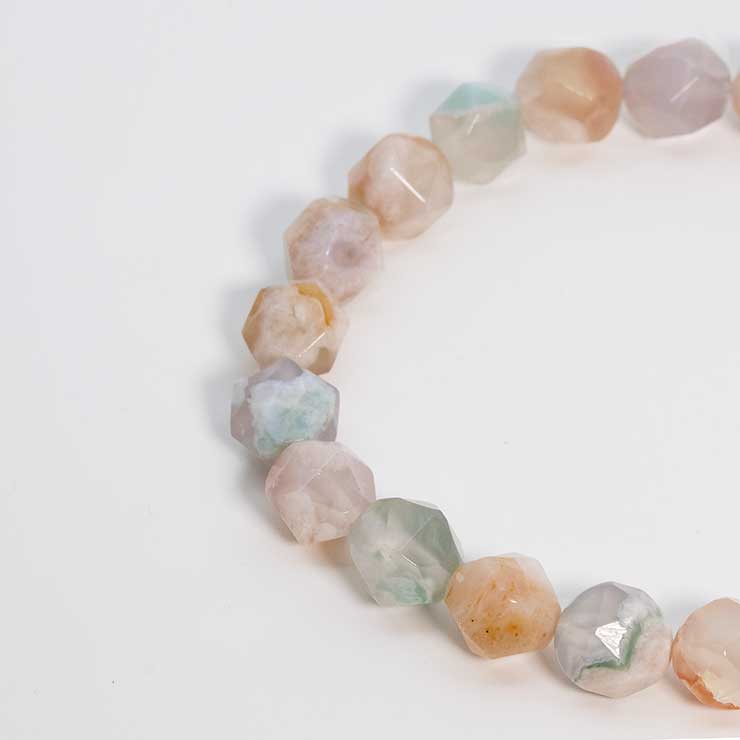 【一点もの】桜瑪瑙シンプルブレスレット 20面カット 緑ミックス 約9mm