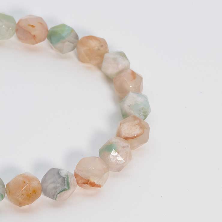 【一点もの】桜瑪瑙シンプルブレスレット 20面カット 緑ミックス 約9mm