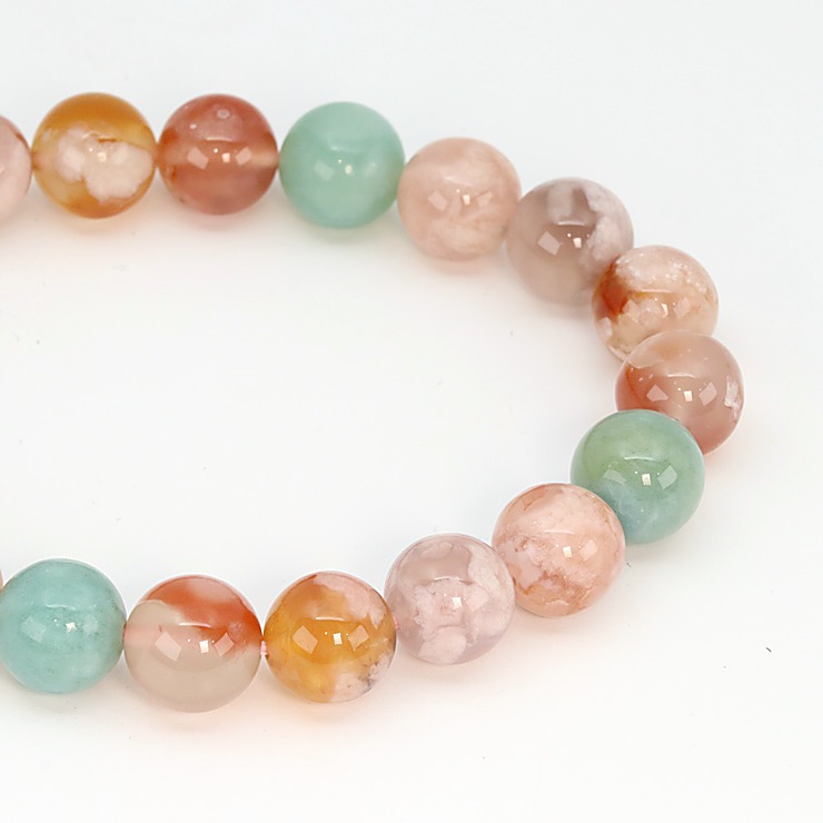 【一点もの】桜瑪瑙 シンプルブレスレット 緑ミックス 約10mm