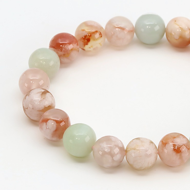【一点もの】桜瑪瑙 シンプルブレスレット 緑ミックス 約10mm
