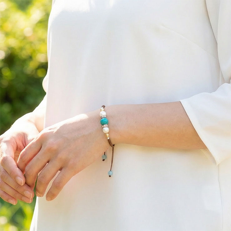 ターコイズ・シャンパンカラーオーラ編みブレスレット