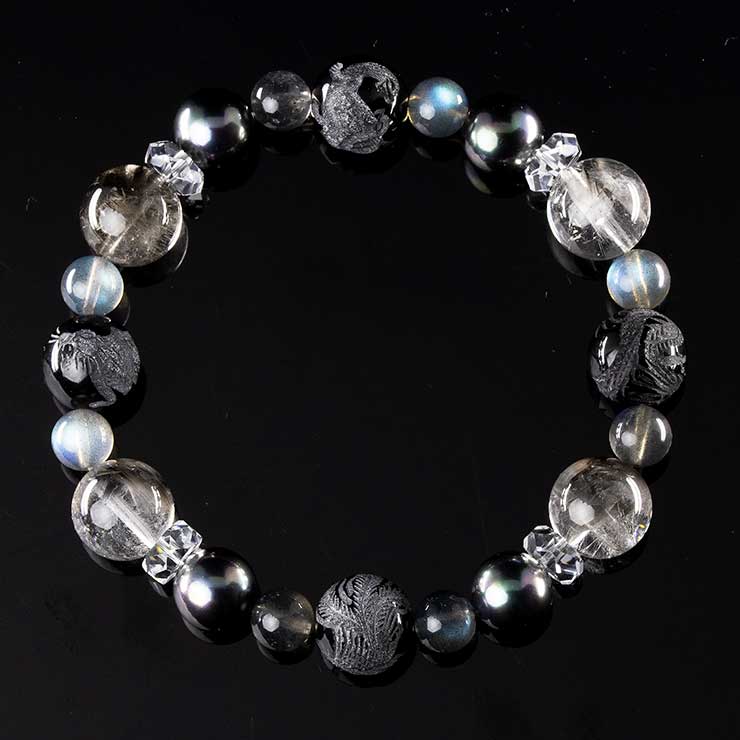 【X.G 一点もの】プラチナルチルクォーツ・四神モリオン デザインブレスレット